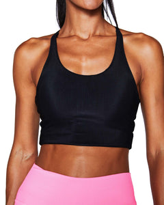 Lucy Tank Black Rib | BodyLanguageSportswear | BLACK | product | The Body Language Lucy Tank is our newest and sexiest workout tank. The scoop neckline flatters your